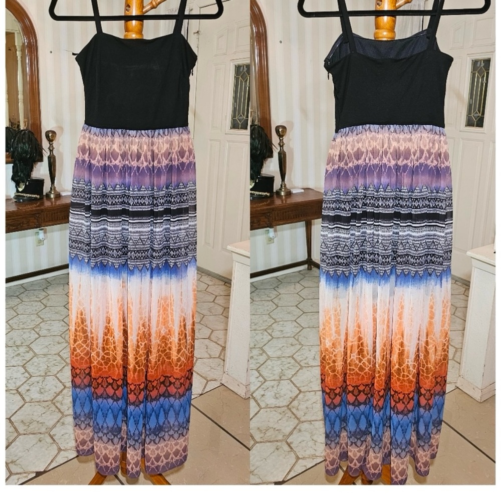 Bebe Black and Purple Pleated Maxi Sundress